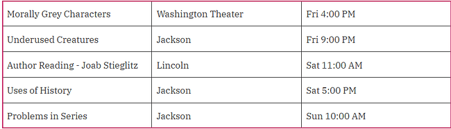A schedule of events for Capclave 2025, displaying panel titles, locations, and times for each session.